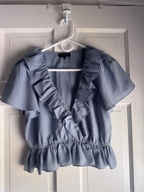 Majorelle Ruffle Peplum Blouse Blue Gray Flutter Sleeve Size S